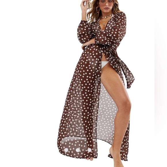 ASOS DESIGN long sleeve wrap tie chiffon maxi beach kimono in brown polka dot - Picture 4 of 4